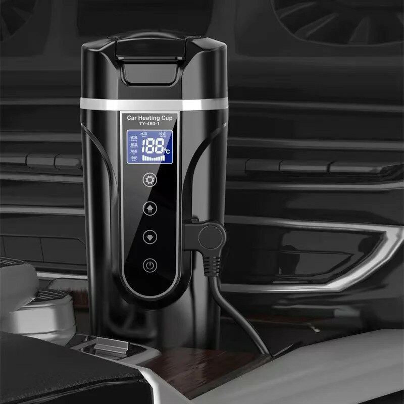 【日本代購】12V/24V車載加熱智慧馬克杯附溫控不銹鋼電水杯水壺咖啡牛奶加熱車用用品