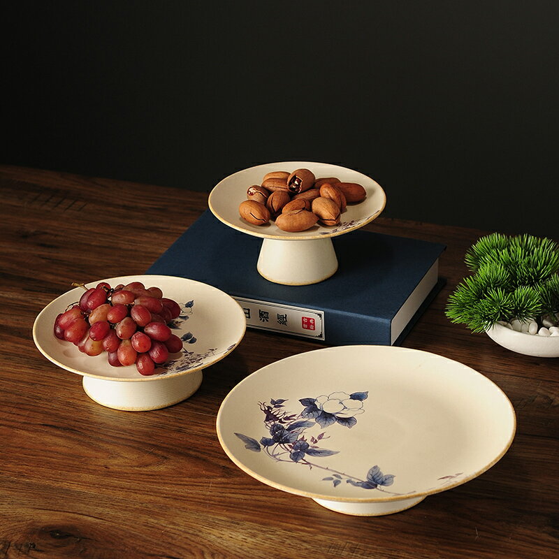 新中式茶幾陶瓷高腳果盤家用禪意干果盤淺供盤佛盤復古日式點心盤