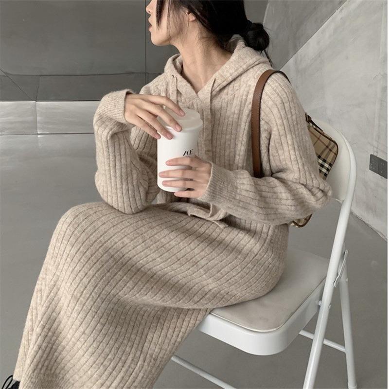 針織毛衣連衣裙連帽寬松中長款外穿特大碼針織裙休閒女秋冬新款