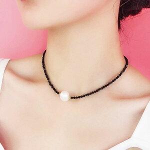時尚脖鏈氣質百搭黑色水晶短款珍珠鎖骨鏈項鏈頸鏈頸帶項圈女