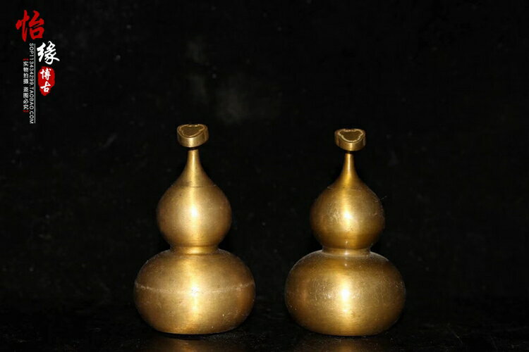 古玩古董黃銅十品銅新款 精工八卦雙開平安對葫蘆 裝飾擺件收藏