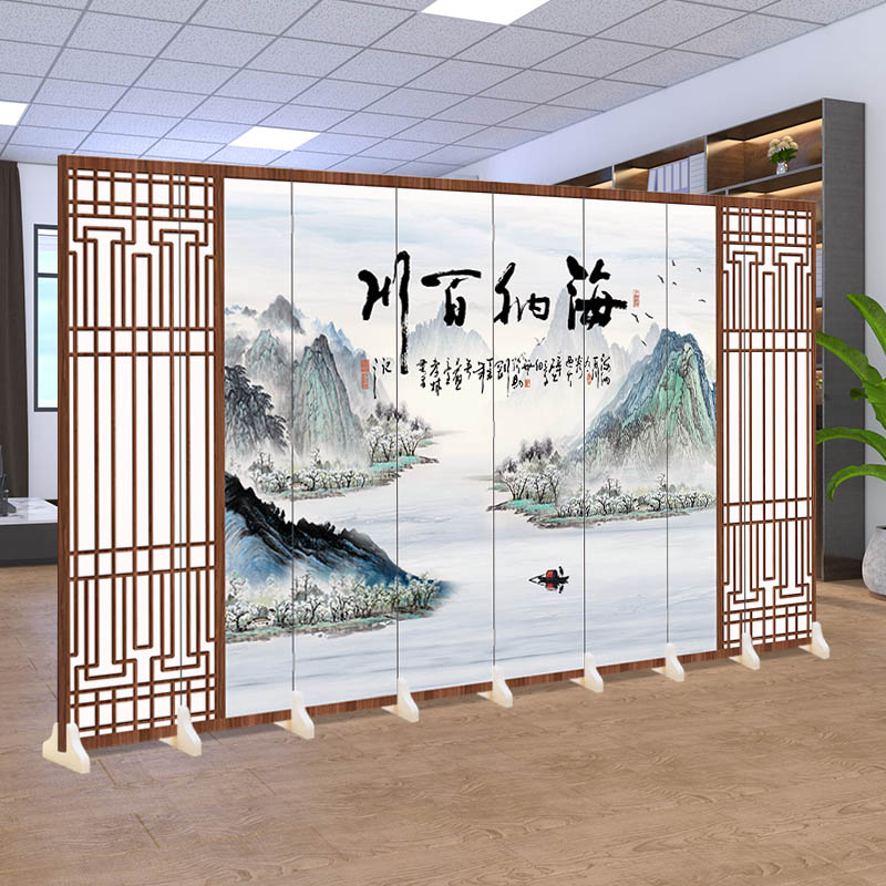 中式山水屏風公司辦公室隔斷墻酒店客廳簡易遮擋折疊移動裝飾定製