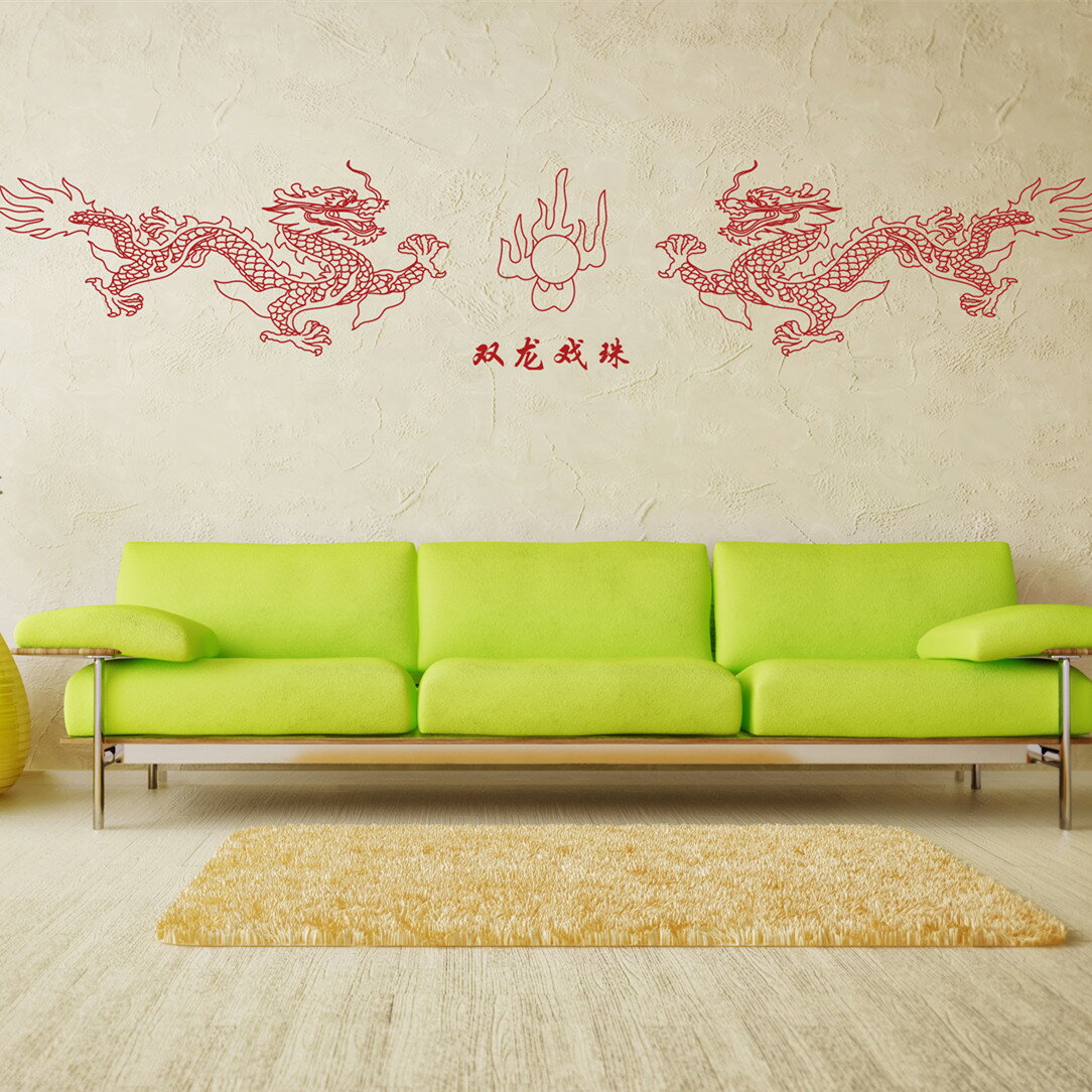 雙龍戲珠中式墻貼紙 客廳書房電視沙發墻裝飾墻貼畫 創意古典貼1入