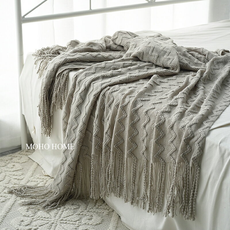 民宿毛毯床尾巾針織毛線毯裝飾沙發蓋毯卡其色包郵新款北歐風春秋