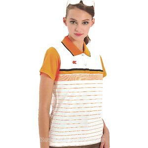 【日本 Kawasaki】女版運動休閒吸濕排汗短POLO衫(白橘條紋)#KW2235A1