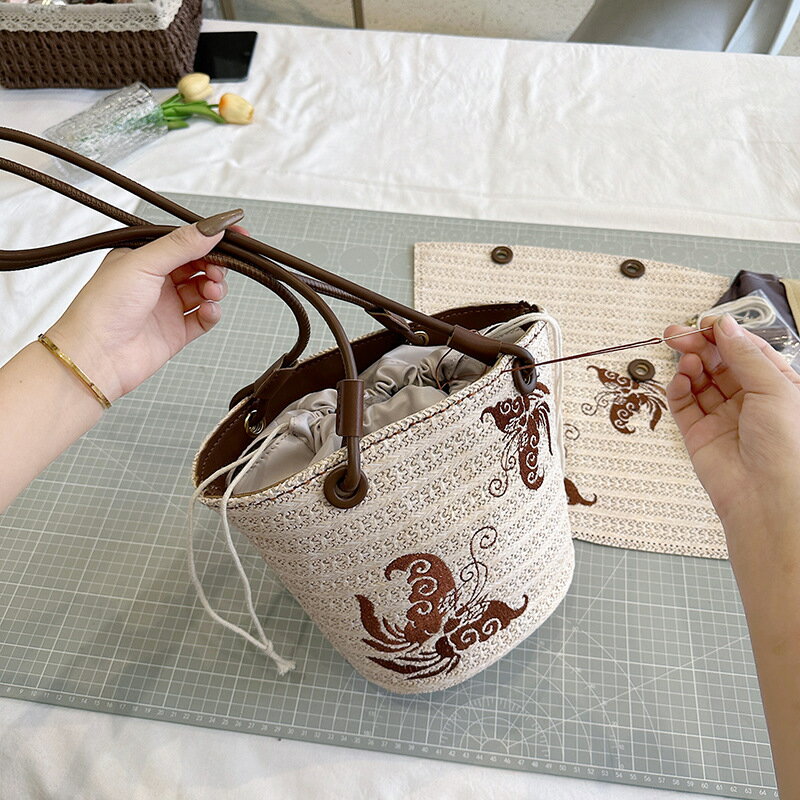 熱賣手工diy材料包刺繡草編包大容量手提單肩編織包托特包自製籃子包