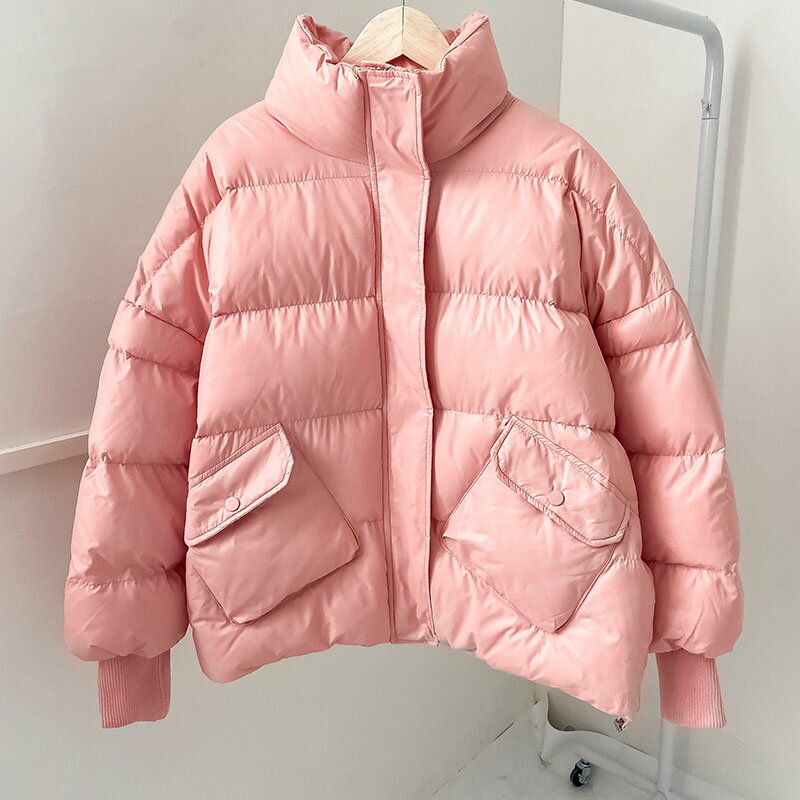 粉紅色寬松棉服女新款冬季加厚保暖面包服立領棉襖外套
