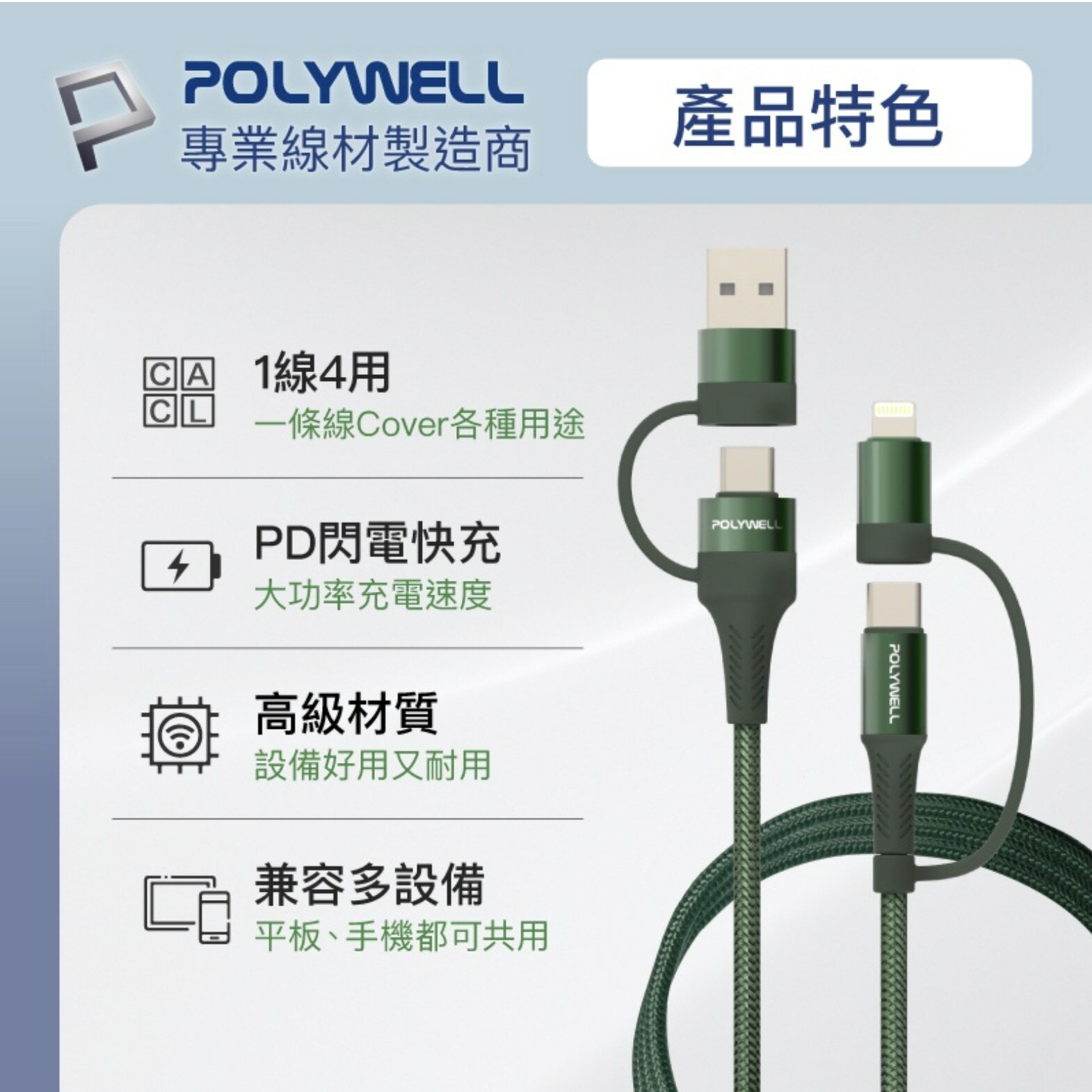POLYWELL 四合一 PD 編織 快充線 USB A C Lightning 適用 安卓 蘋果 iphone 14 2