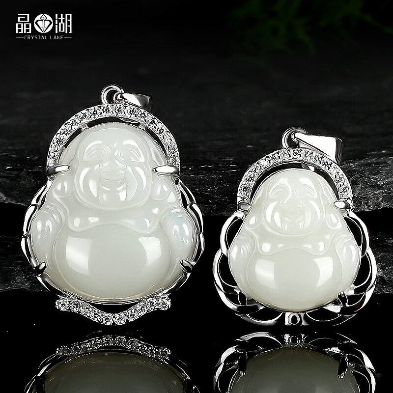晶湖天然和田玉彌勒佛大肚佛笑佛吊墜純銀項鏈女本命年轉運玉掛件