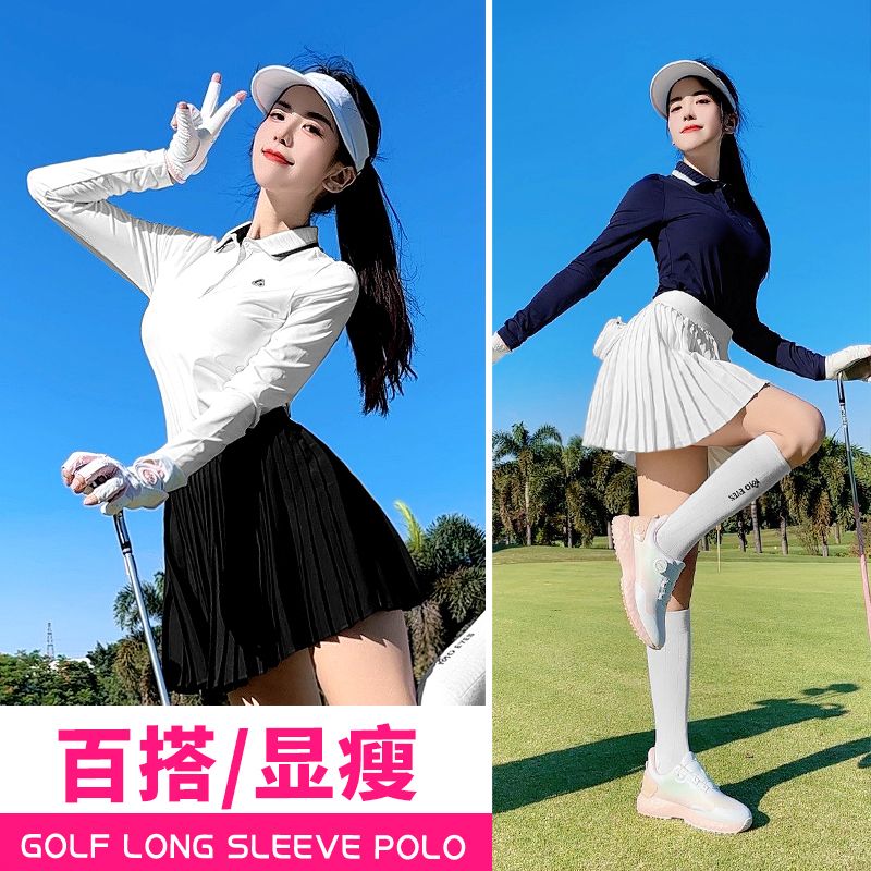 PGM 高爾夫女裝長袖POLO衫拼色羅紋領收腰顯瘦上衣彈力運動服百搭