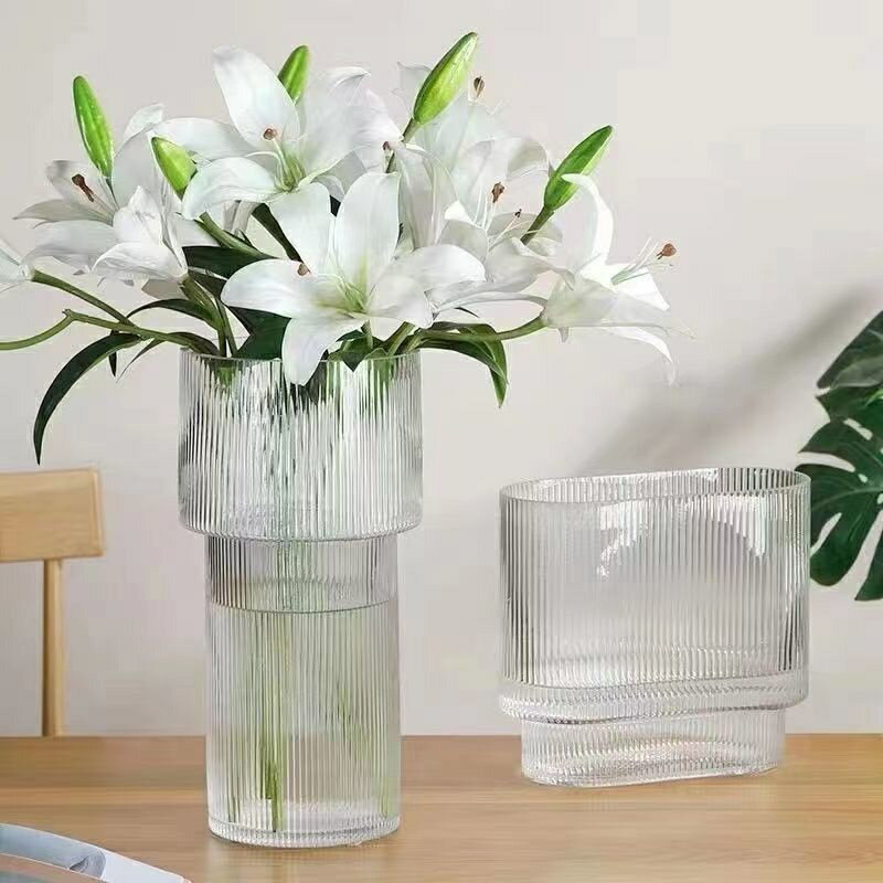 透明花瓶 花器 創意簡約豎紋透明玻璃花瓶鮮花乾花客廳臥室水養水培插花裝飾擺件
