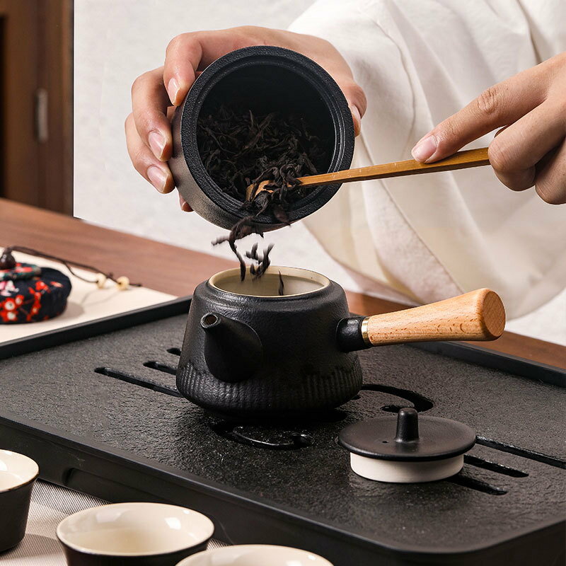 茶盤 日式家用辦公室側把黑陶功夫茶具套裝泡茶器帶茶盤可logo定