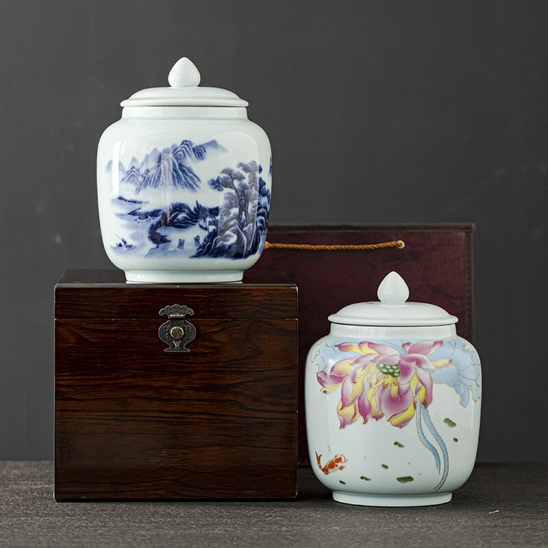手繪青瓷茶葉罐大號茶倉復古中國風陶瓷普洱茶罐密封防潮罐