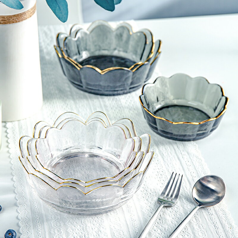 透明創意玻璃碗金邊水果沙拉碗ins風甜品碗好看的碗家用餐具組合