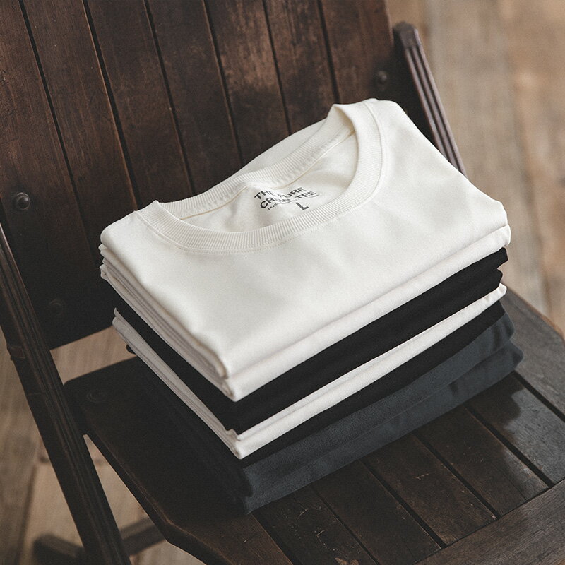 馬登工裝 美式復古重磅純棉米白色t恤內搭半袖夏季短袖打底衫男體