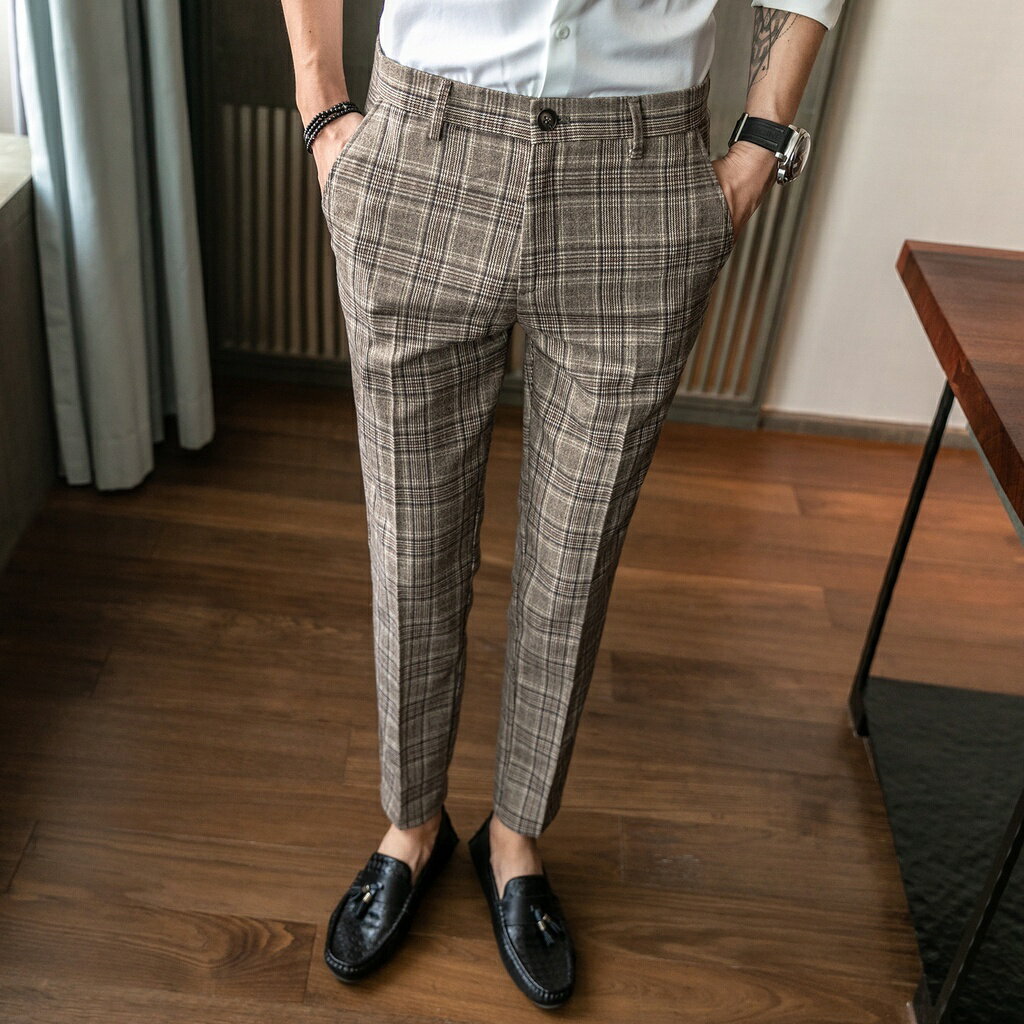 【28-36碼】青年男士英倫風復古格子西裝褲 青年男士韓版九分褲 休閒長褲 修身時尚大尺碼長褲 工作褲 西褲 正韓褲子