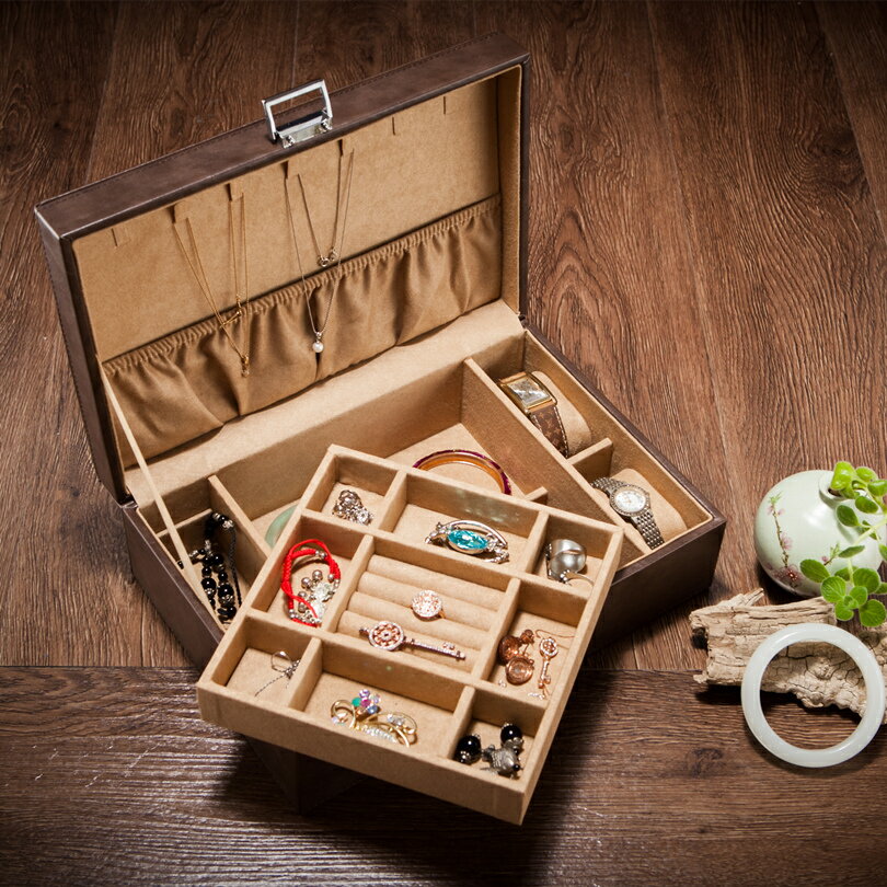 手錶收納盒 夭桃（飾品）皮革雙層首飾盒皮質手錶珠寶手鐲收納收藏盒節日禮品『XY18348』