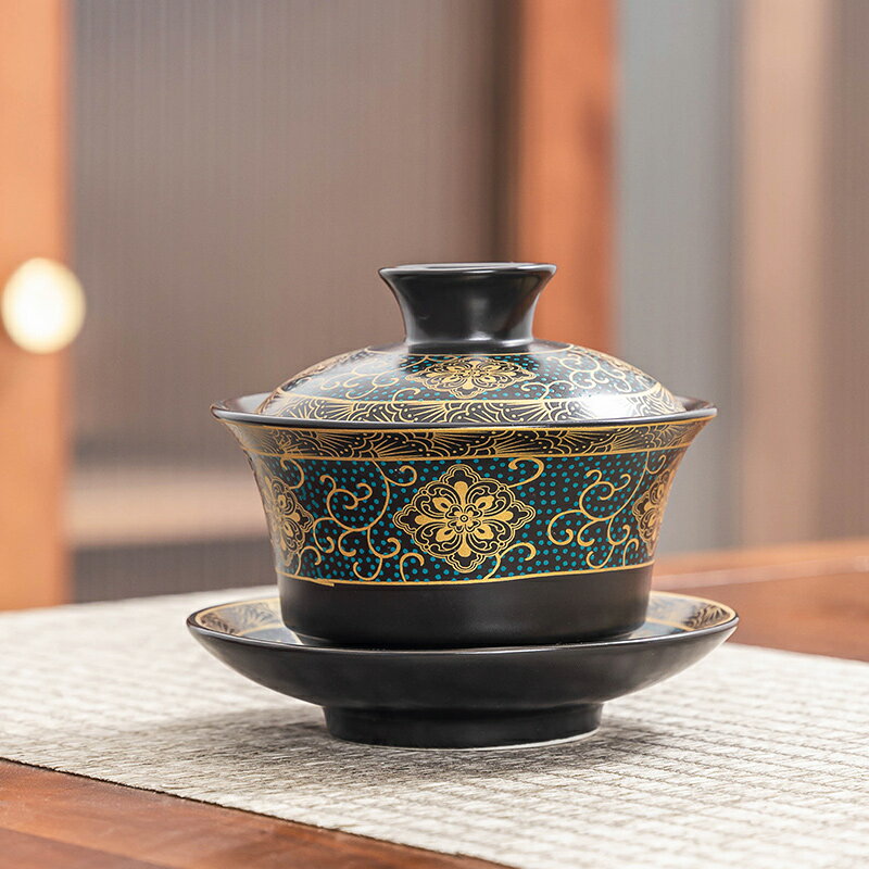 藍點暗香蓋碗家用客廳復古功夫茶具陶瓷泡茶碗現代簡約單個三才碗