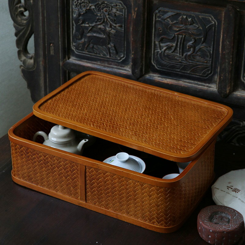 手工竹編茶盒 復古收納盒茶道配件 家用收納帶蓋盒子席面竹制品