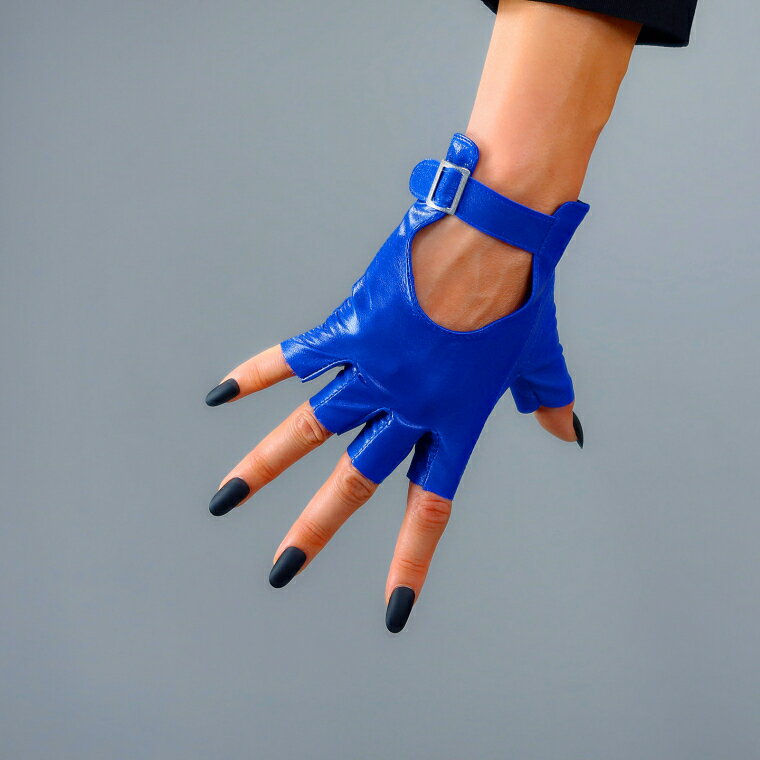 露指皮手套  真皮  克萊因藍色可調節皮帶純羊皮半指無指短款觸屏 0