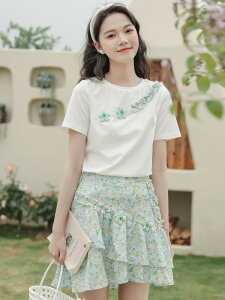 韓系清新立體花短袖上衣梭織印花魚尾半身裙女小香風套裝夏季