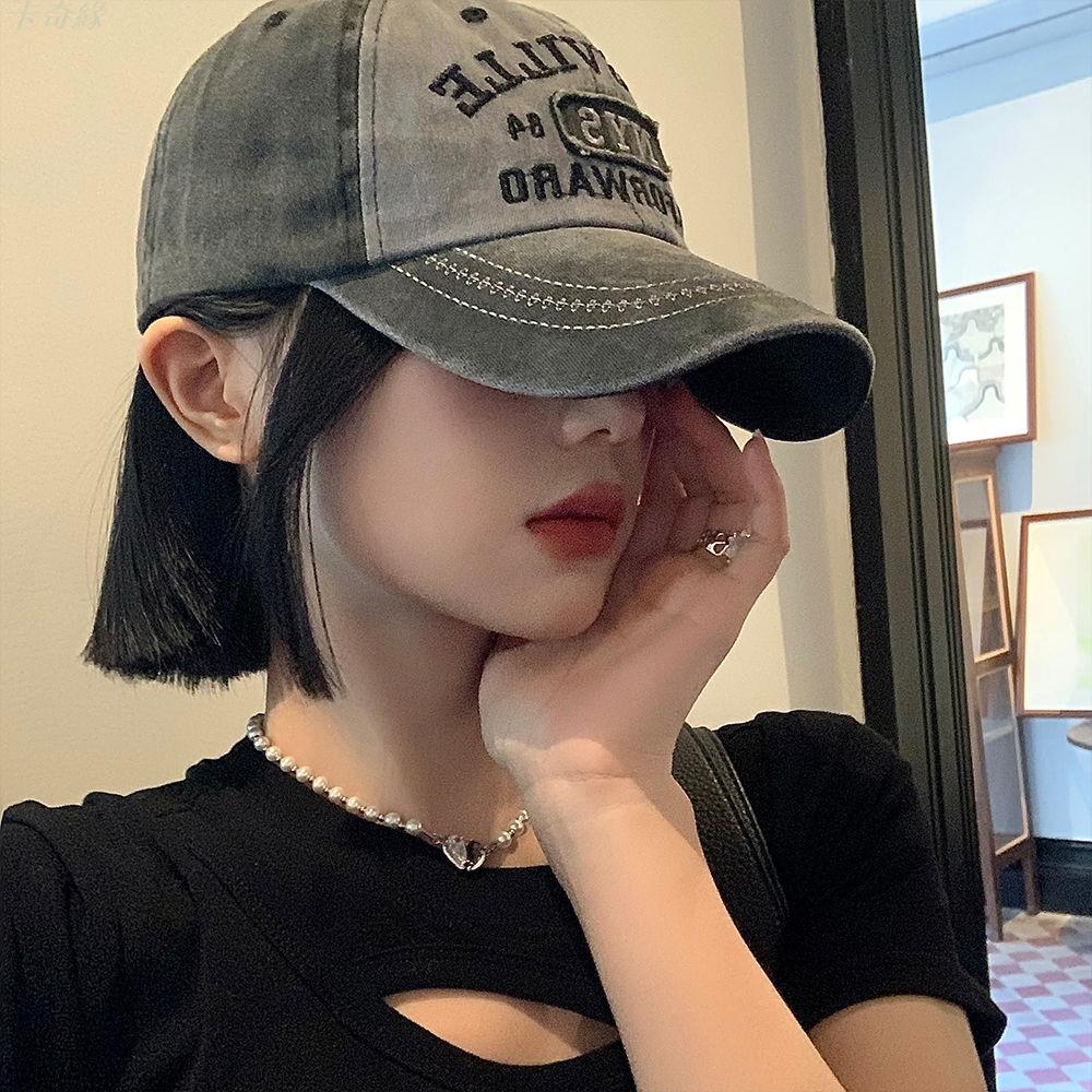 美式復古棒球帽女軟頂字母水洗牛仔鴨舌帽寬帽簷大頭圍顯臉小帽子