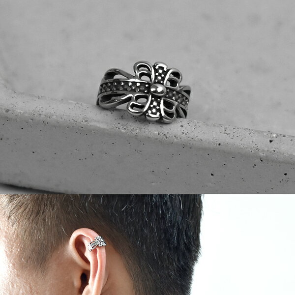 耳骨夾 點點花邊十字架鋼製夾式耳環【NDF103】