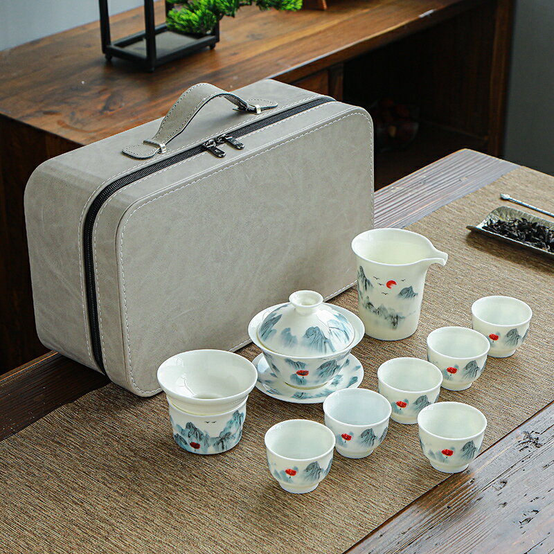 羊脂玉旅行功夫茶具套裝便攜式收納家用陶瓷蓋碗茶杯整套簡約白瓷