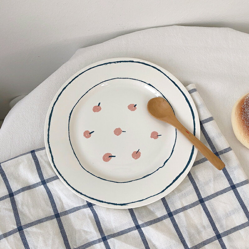 簡約ins風手繪櫻桃郁金香餐盤網紅創意陶瓷甜品盤水果盤子北歐