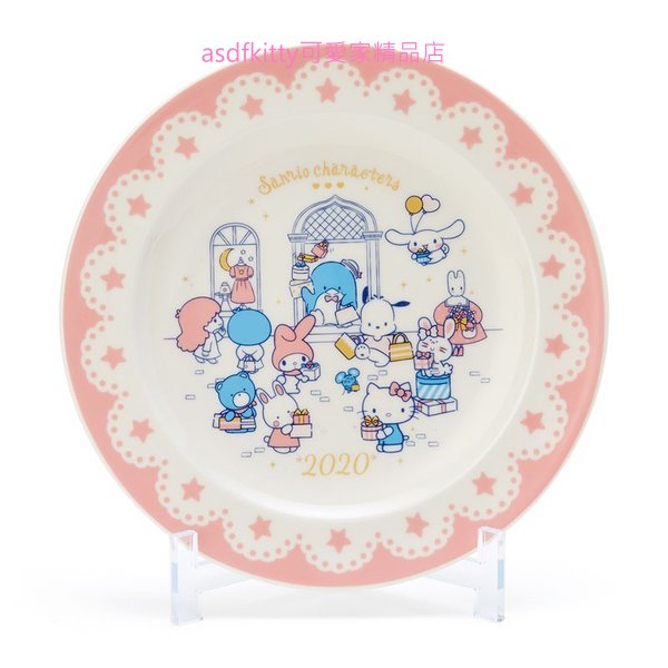 asdfkitty可愛家☆三麗鷗家族陶瓷圓型淺盤附展示架-KITTY.美樂蒂.雙子星.大耳狗.茉莉兔.帕洽狗-日本製