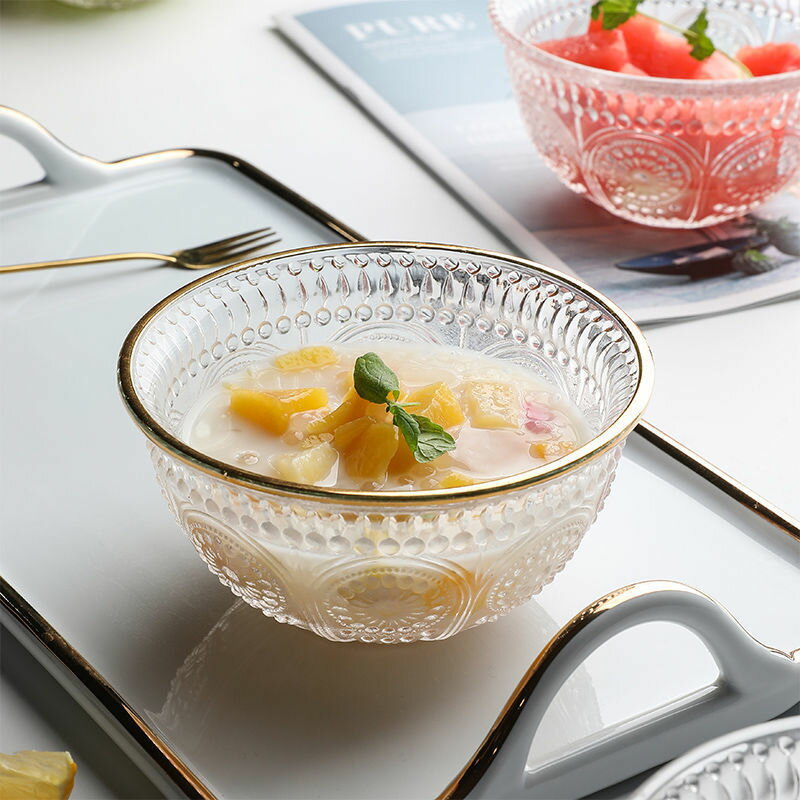 玻璃碗透明復古浮雕水果沙拉碗可愛燕窩甜品碗ins風冰淇淋碗家用