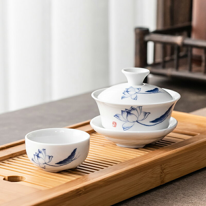瀾揚 功夫茶具套裝陶瓷茶壺蓋碗茶碗青花白瓷簡約家用小套裝特價M