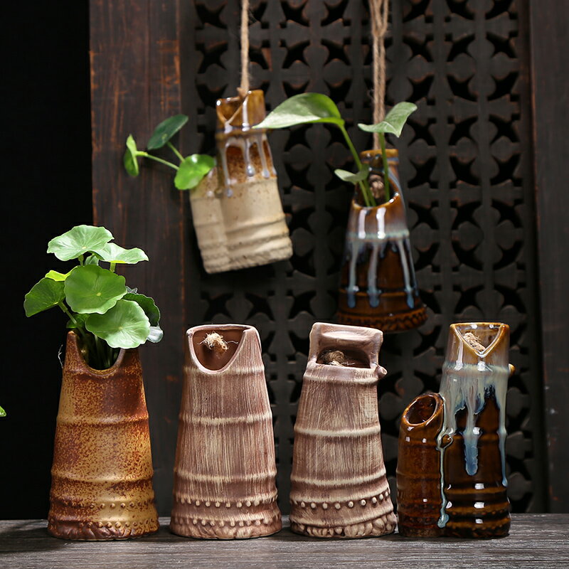 陶瓷仿古窯變流釉迷你水培花器創意掛壁式擺件日式粗陶小花瓶