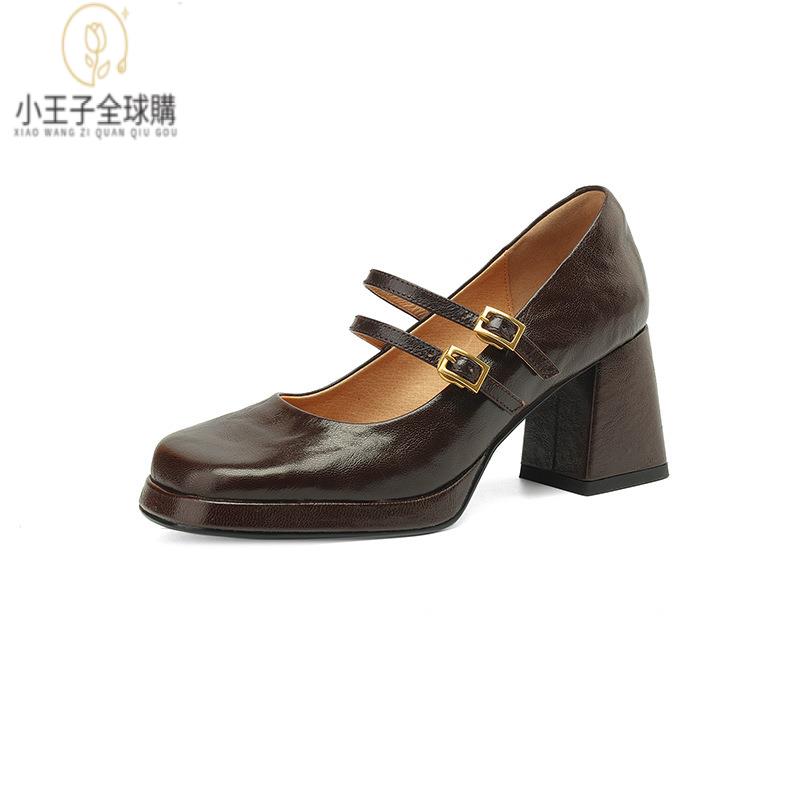 【公司現貨速發】免運 開發票 小短靴 堆堆靴 真皮女鞋 羊皮鞋 小皮鞋 樂福鞋年秋季新款復古高跟女鞋羊皮扣帶小皮鞋方頭粗跟新款瑪麗珍單 定製