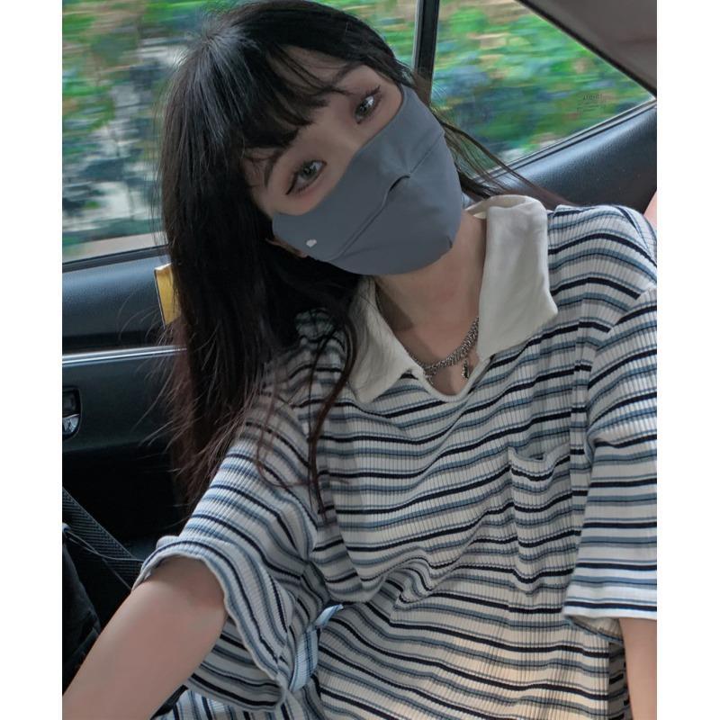 polo領條紋短袖T恤女2021夏季新款chic韓版寬松中半袖上衣ins潮