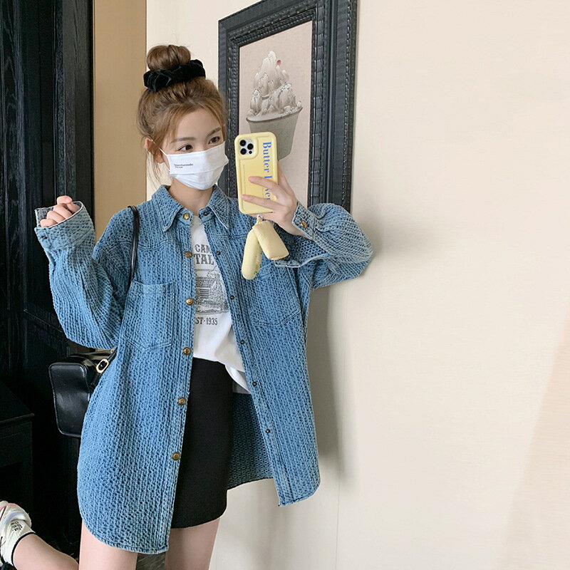 牛仔外套丹寧夾克-春秋休閒寬鬆條紋翻領女外套牛仔淺藍色74ii60【獨家進口】【米蘭精品】