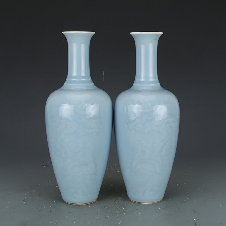 清乾隆瓷器藍釉雕刻龍紋柳葉瓶仿古瓷器古董真品古玩收藏花瓶擺件