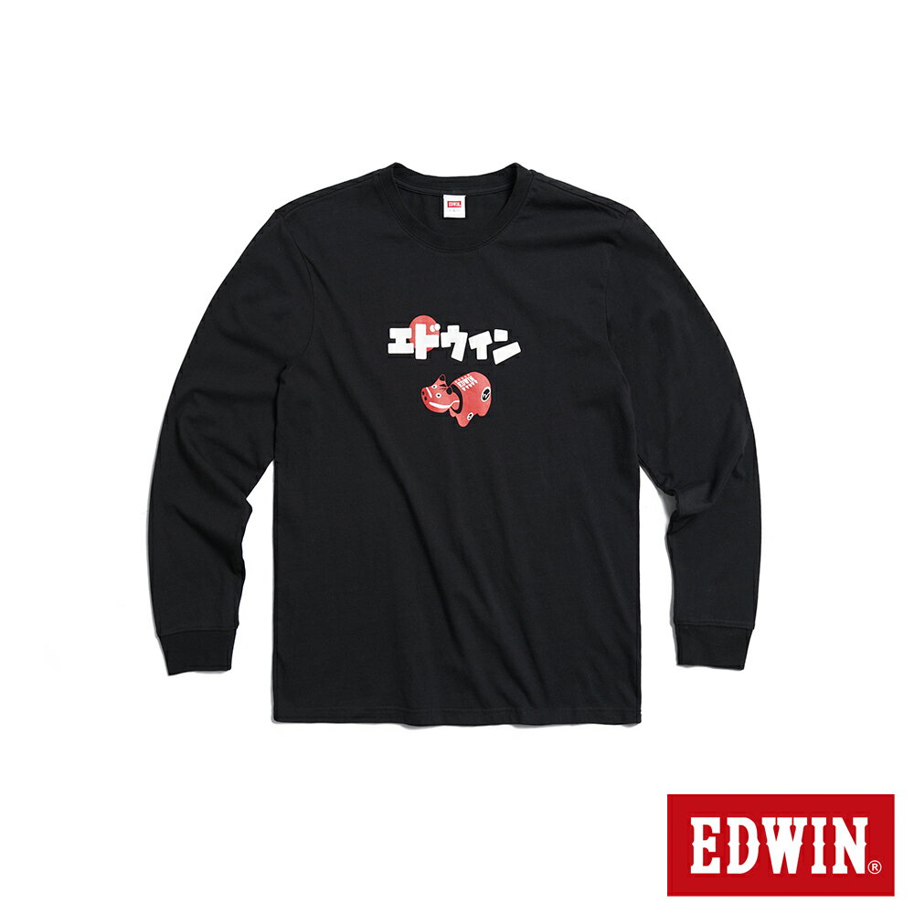EDWIN 東京散策系列 童趣紅牛長袖T恤-男女款 黑色