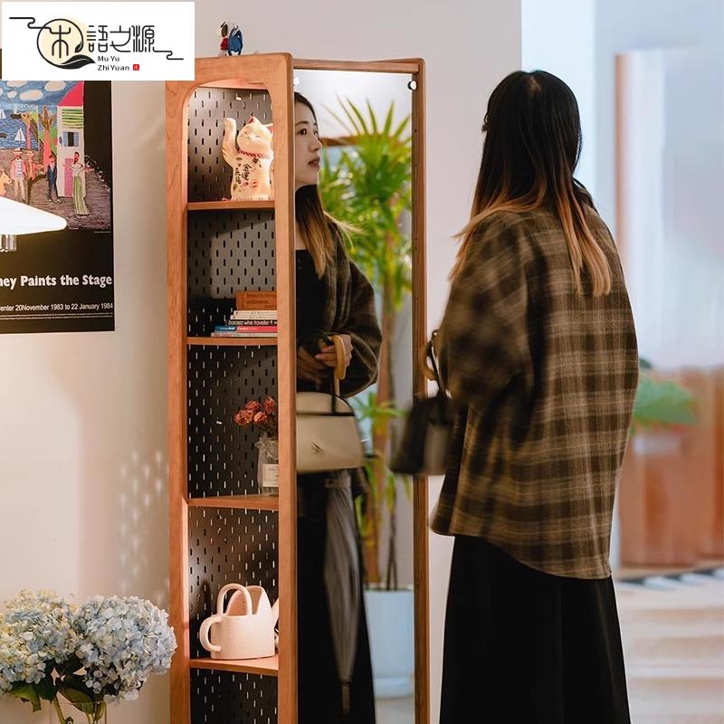 免運 現貨速發旋轉穿衣鏡實木旋轉書架櫻桃木落地全身鏡展示櫃書櫃儲物架書架