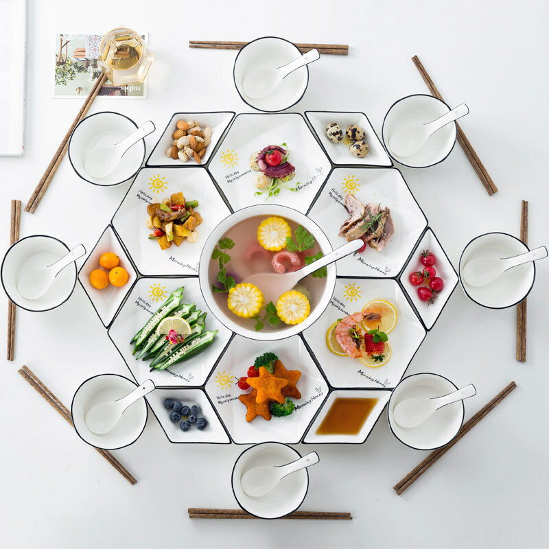 創意網紅拼盤餐具 團年飯家用陶瓷碗菜盤子組合 北歐風碗碟套裝「限時特惠」