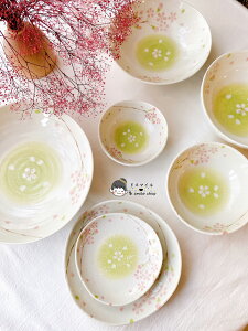 進口浪漫綠色櫻花吹雪陶瓷釉下彩盤子飯碗面碗碟子餐具