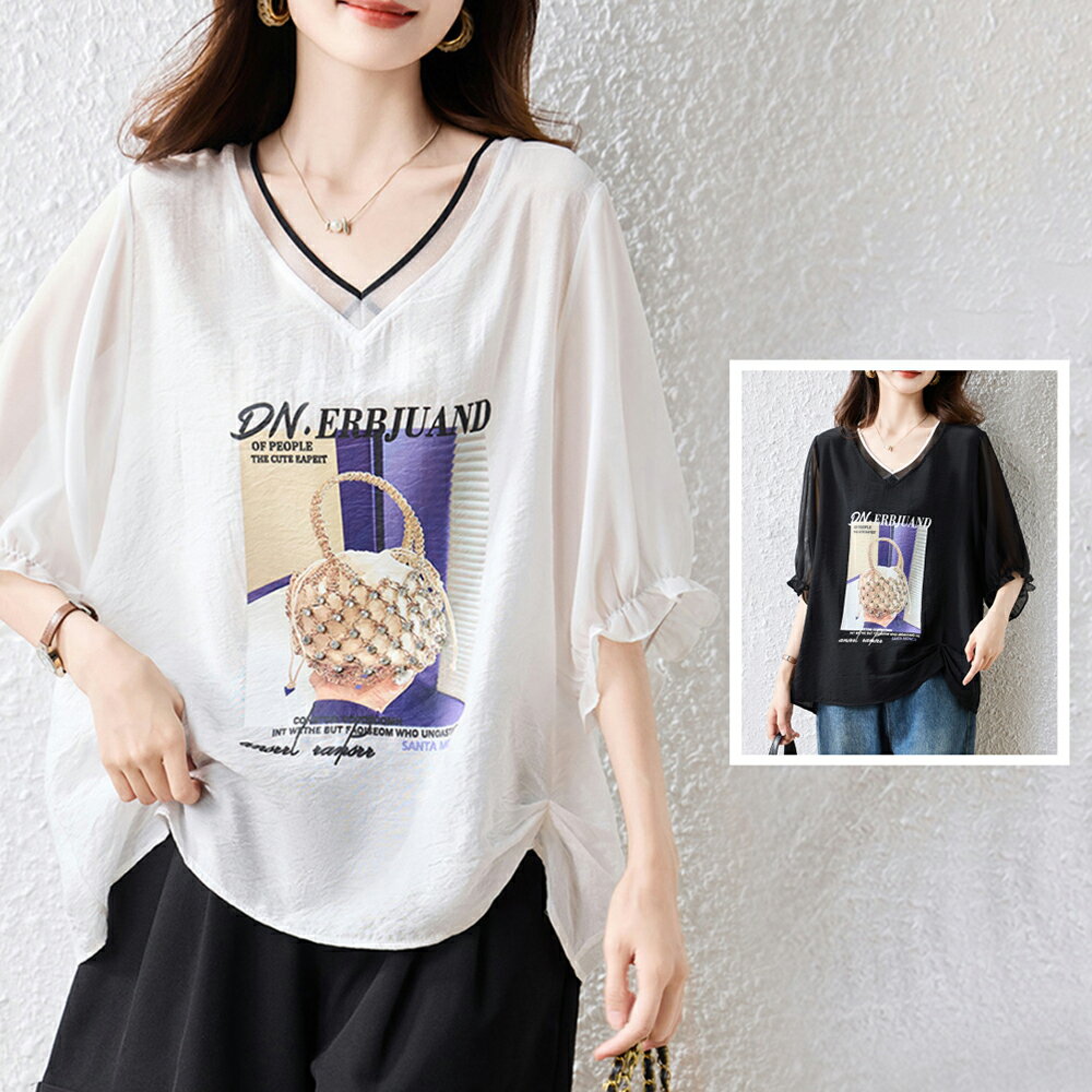 ＊ORead＊韓版V領印花雪紡短袖T恤上衣(2色L~5XL)