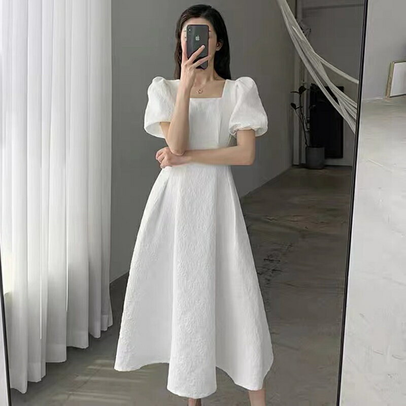 小眾輕奢別致高階感泡泡袖白色法式初戀公主連衣裙子女2022夏禮服