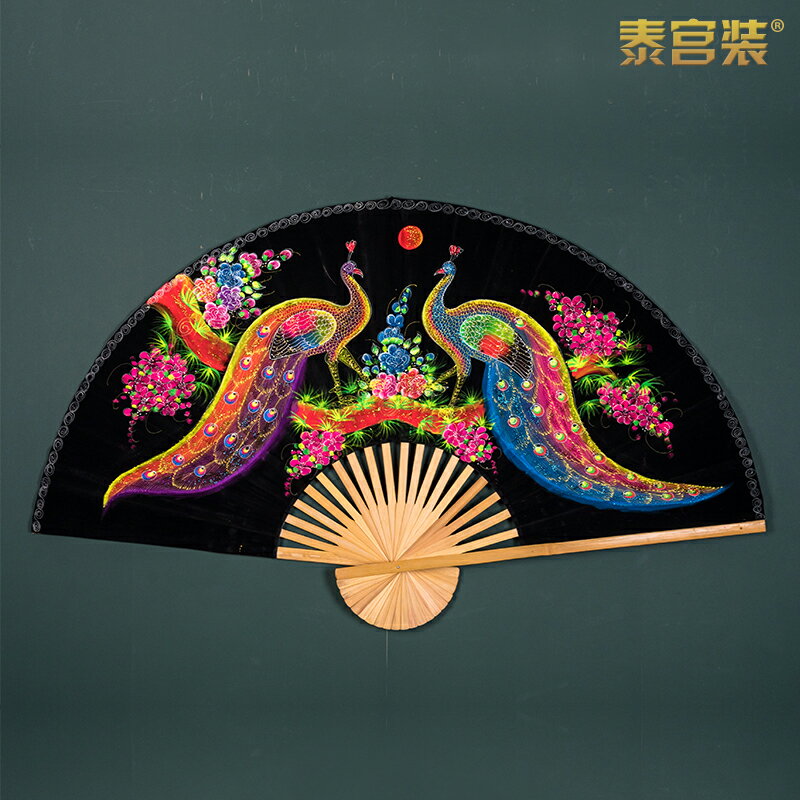 中國風大扇子折扇掛件壁飾客廳酒吧裝飾大號孔雀圖案工藝扇子掛扇