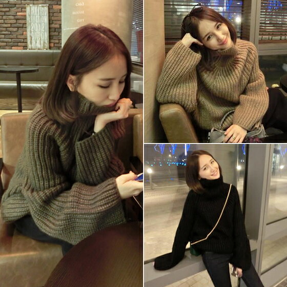 韓國秋冬裝新款寬松顯瘦加厚高領套頭毛衣純色針織衫外套女學生潮1入