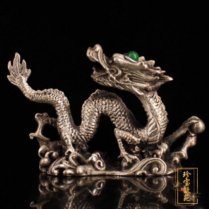 古玩熱賣仿古銅器白銅復古工藝品家居裝飾鑲寶石小龍擺件案頭古玩