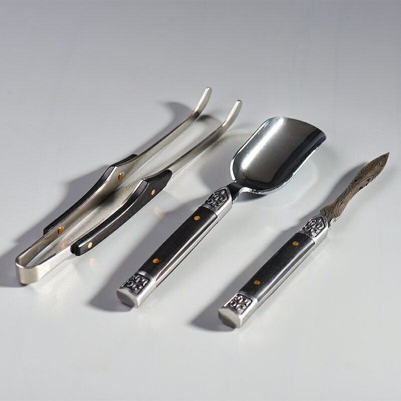 茶刀茶針黑檀實木大馬士革普洱茶不銹鋼茶具配件茶餅撬刀茶夾茶勺 2