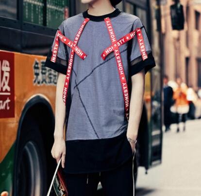 FINDSENSE品牌 男 時尚 街頭 潮 網紗紅織帶拼接 寬鬆 短袖T恤 特色T恤