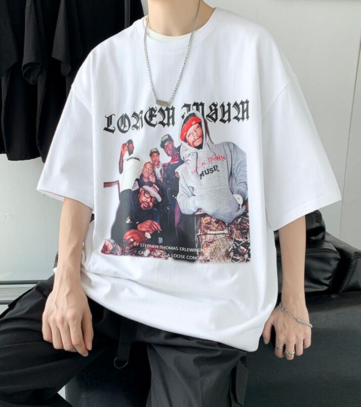 FINDSENSE X 韓潮 男士 美式復古嘻哈人物印花 寬鬆五分袖大尺碼 短袖T恤