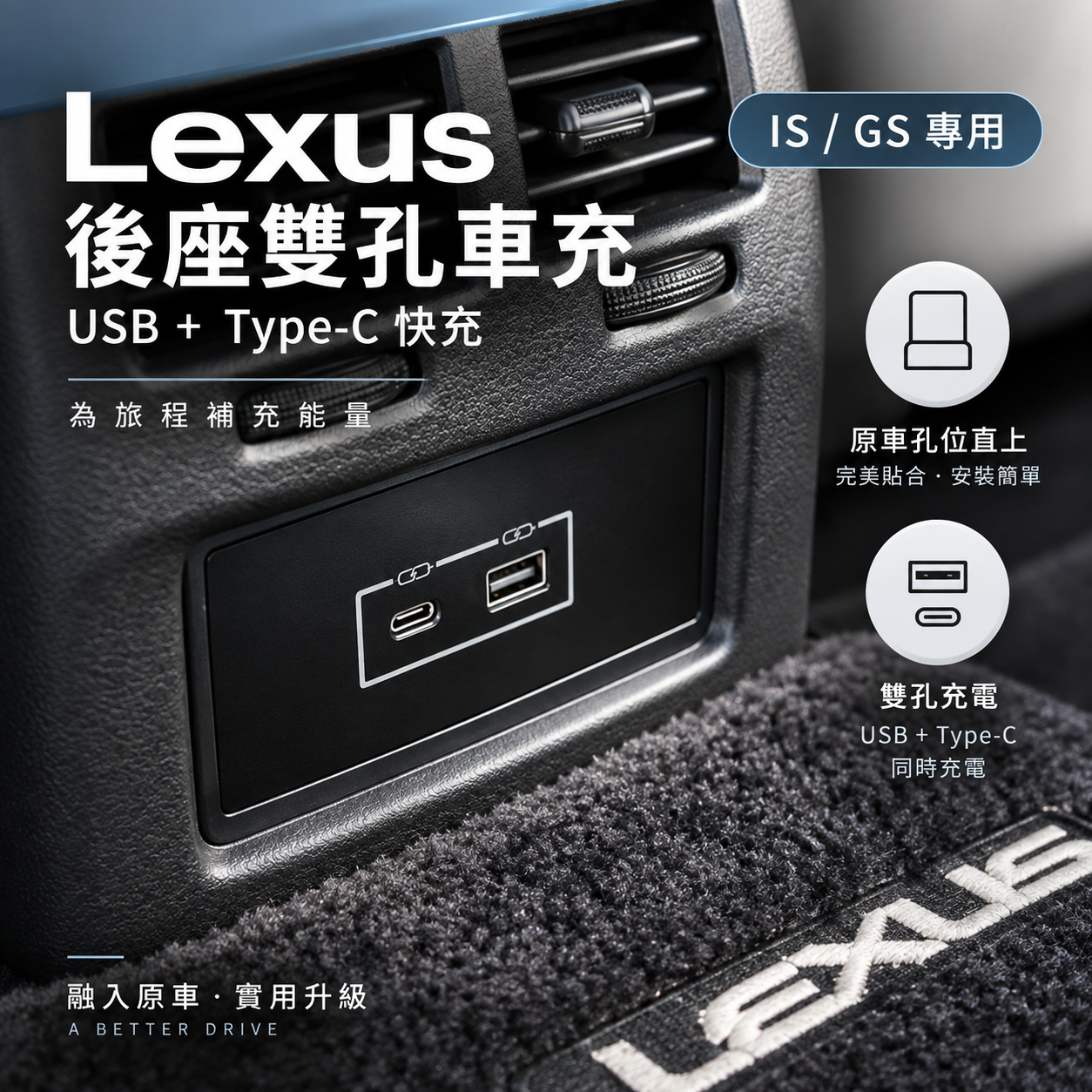Lexus IS／GS 後座雙孔車充 USB＋Type-C 快充 出風口式車用充電器